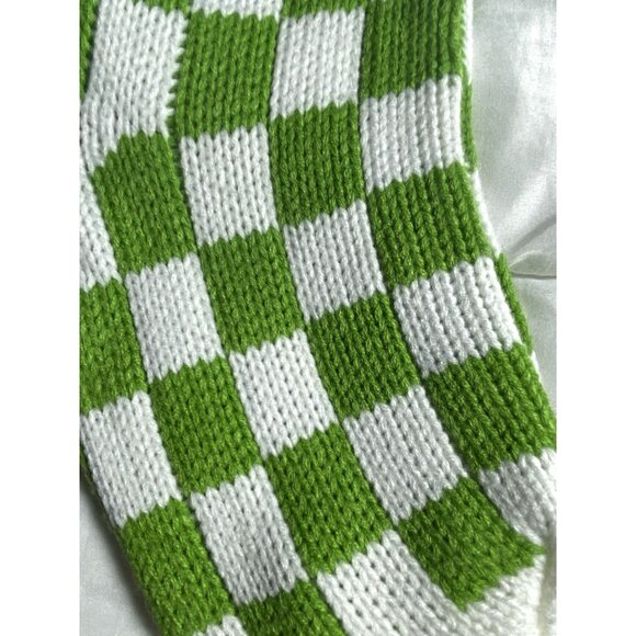 Green White Checkerboard Knit Lined Christmas Stocking 18.5” X 9” Whimsical - Picture 4 of 8